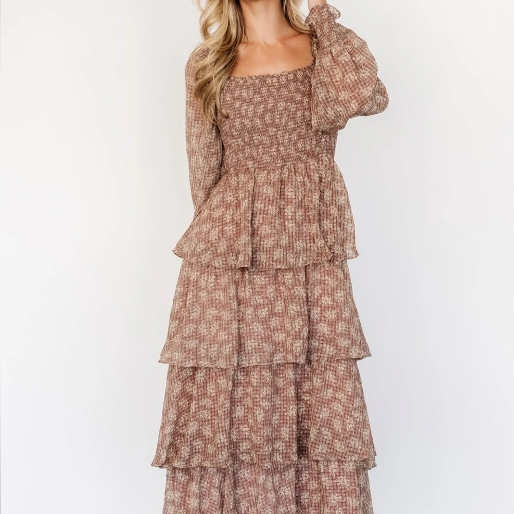 Brown Tiered Long Sleeve Dress